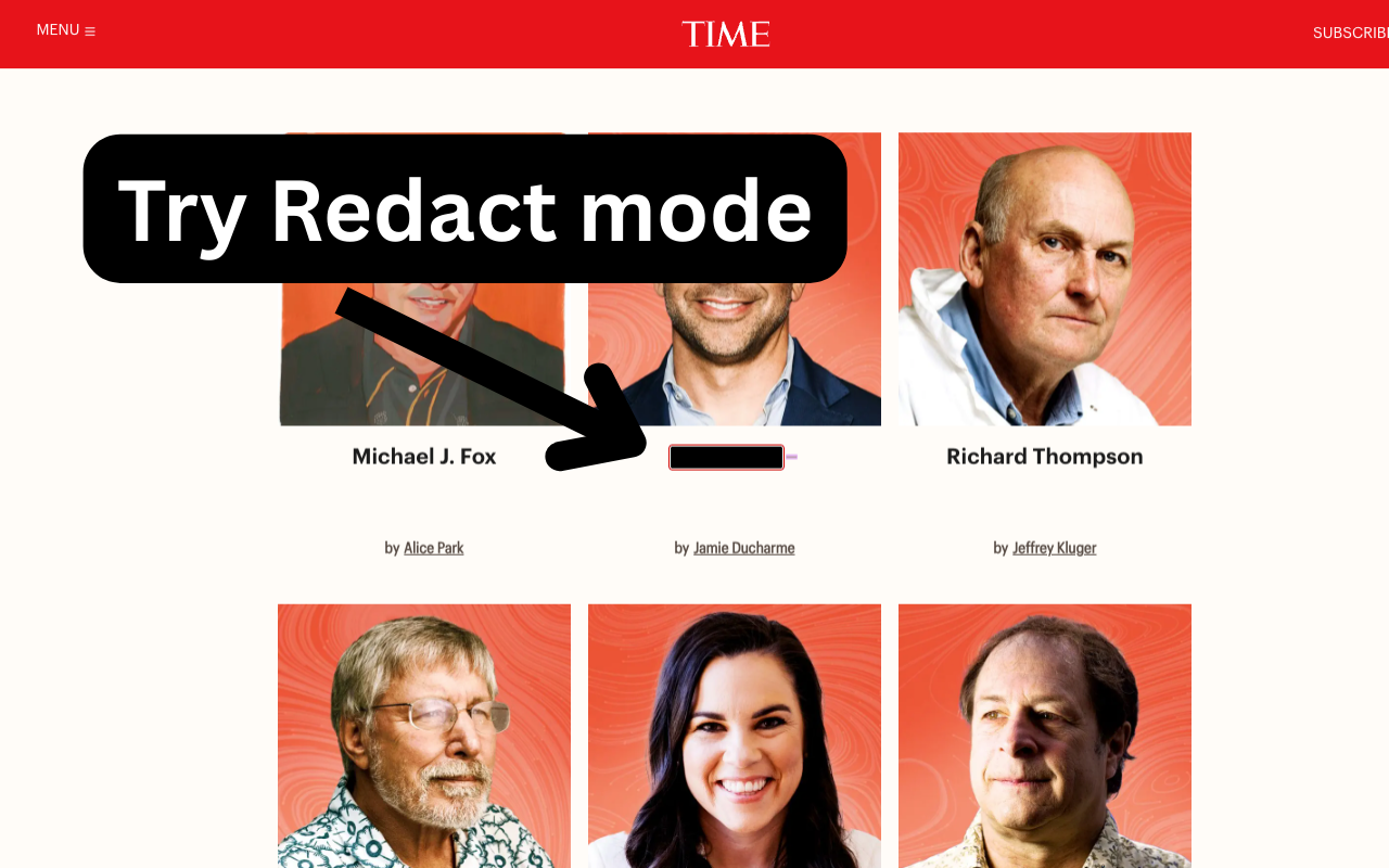 Redact mode: names are hidden under a black bar; hover to reveal.
