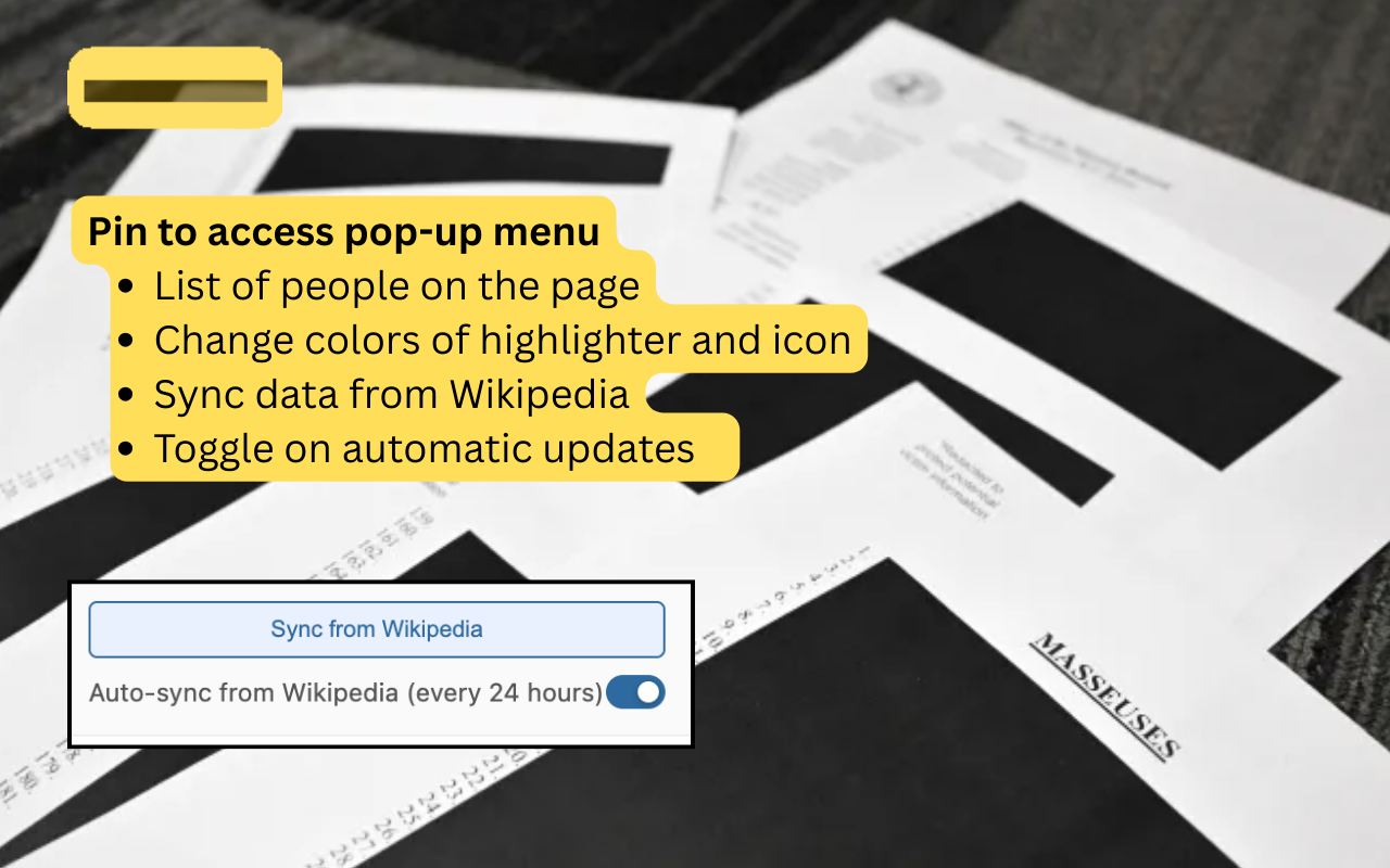 Popup menu: list of people on the page, change colors, sync from Wikipedia, auto-sync toggle.